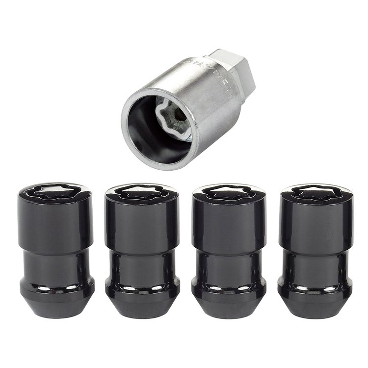 24026 Locking Lug Nuts, Black Cone Seat Style Thread Size: M12 x 1.5 Key Hex Size: 3/4" Includes 4 Lug Nuts & 1 Key