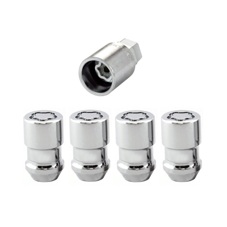 24130 Locking Lug Nuts, Chrome Cone Seat Style Thread Size: 1/2-20 Key Hex Size: Dual Includes 4 Lug Nuts & 1 Key