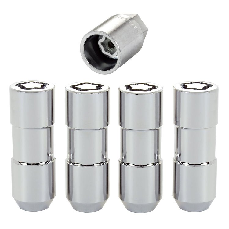 24134 Locking Lug Nuts, Chrome Cone Seat-Duplex Style Thread Size: 9/16-18 Key Hex Size: 7/8" Includes 4 Lug Nuts & 1 Key