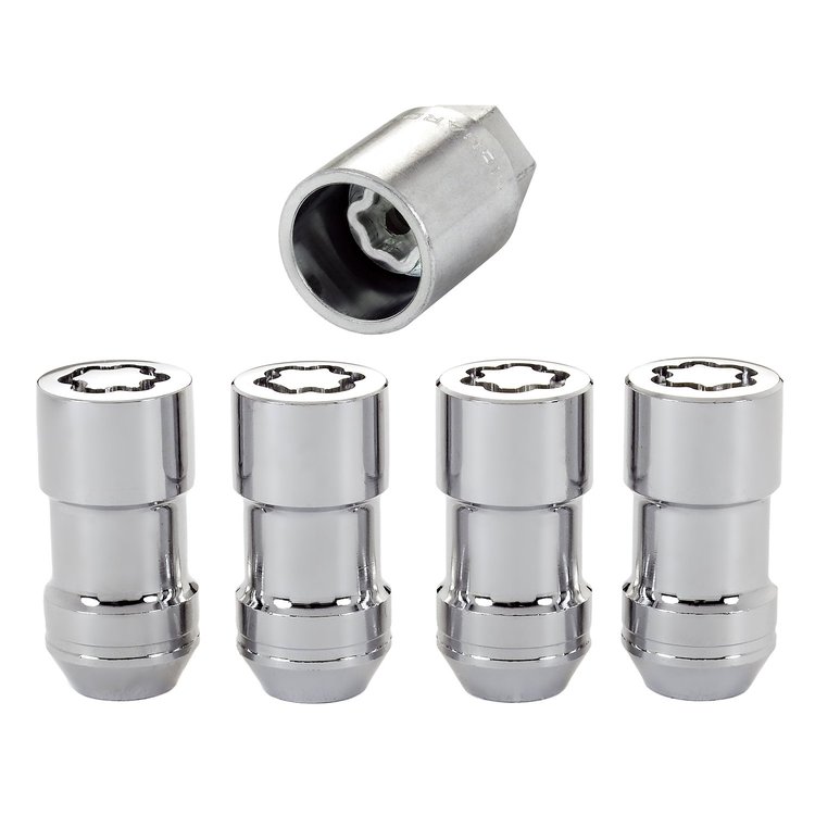 Locking Lug Nuts - Chrome Cone Seat Style Thread Size: M12 x 1.75 Key Hex Size: 13/16" Includes 4 Lug Nuts and 1 Key