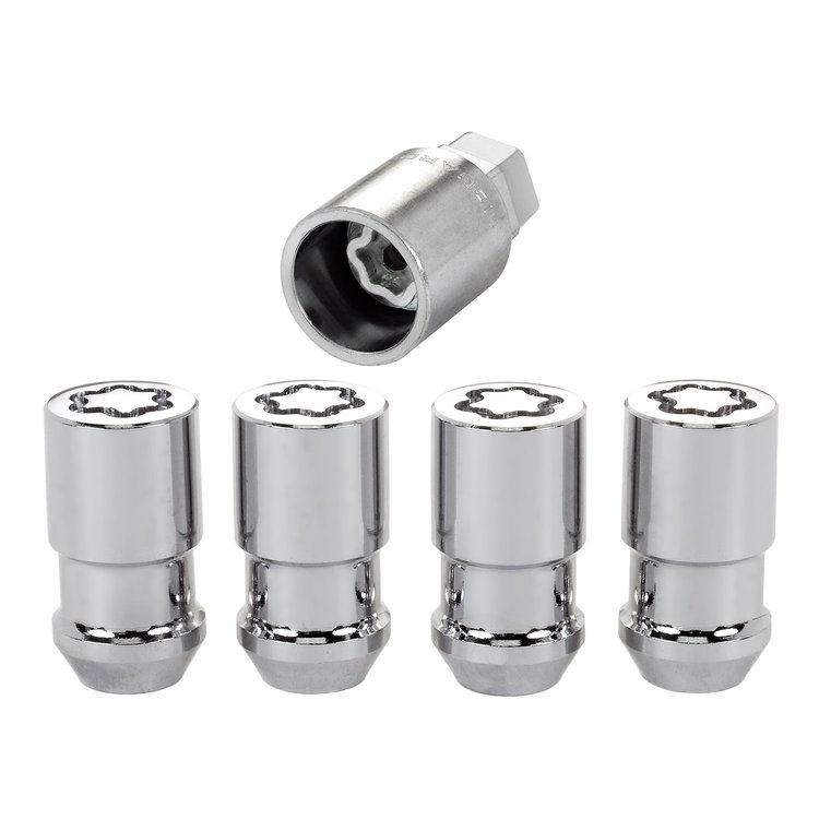 Locking Lug Nuts - Chrome Cone Seat Style Thread Size: 1/2-20 Key Hex Size: Dual Extra Long +.20 Includes 4 Lug Nuts and 1 Key