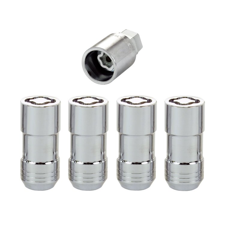 24210 Locking Lug Nuts, Chrome Cone Seat Style Thread Size: M14 x 1.5 Key Hex Size: Dual Includes 4 Lug Nuts & 1 Key