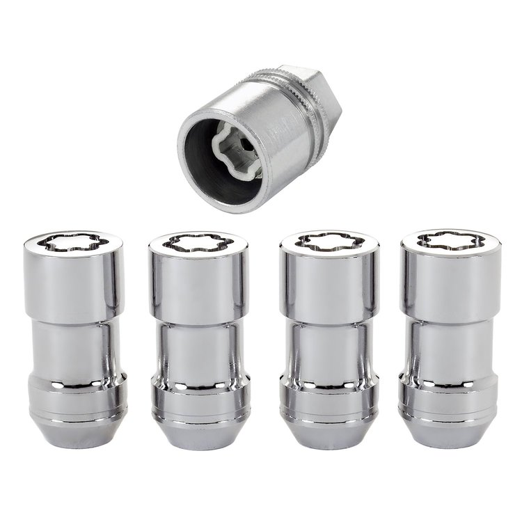 24234 Locking Lug Nuts, Chrome Cone Seat Style Thread Size: 9/16-18 Key Hex Size: 7/8" Includes 4 Lug Nuts & 1 Key