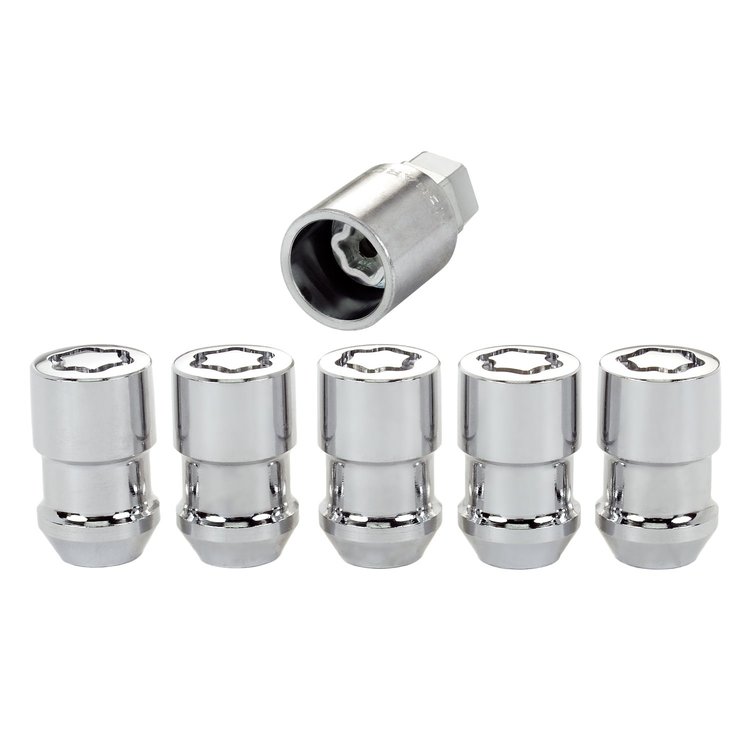 24538 Locking Lug Nuts, Chrome Cone Seat Style Thread Size: 1/2-20 Key Hex Size: Dual Includes 5 Lug Nuts & 1 Key