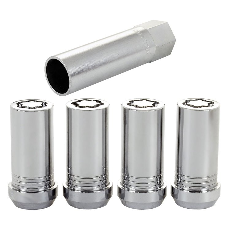 25110 Locking Lug Nuts, Chrome Cone Seat-Tuner Style Thread Size: M14 x 1.5 Key Hex Size: 1" Includes 4 Lug Nuts & 1 Key