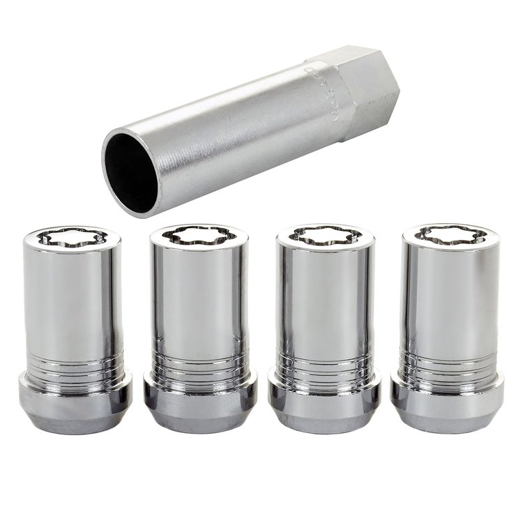 25115 Locking Lug Nuts, Chrome Cone Seat-Tuner Style Thread Size: M14 x 1.50 Key Hex Size: 22mm Includes 4 Lug Nuts & 1 Key