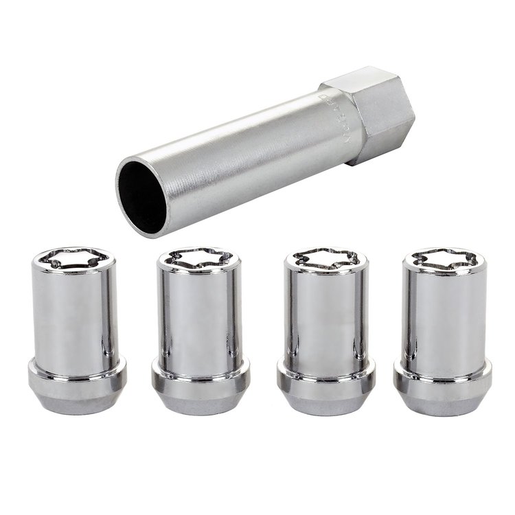 25254 Locking Lug Nuts, Chrome Cone Seat-Tuner Style Thread Size: M12 x 1.25 Key Hex Size: 13/16" Includes 4 Lug Nuts & 1 Key
