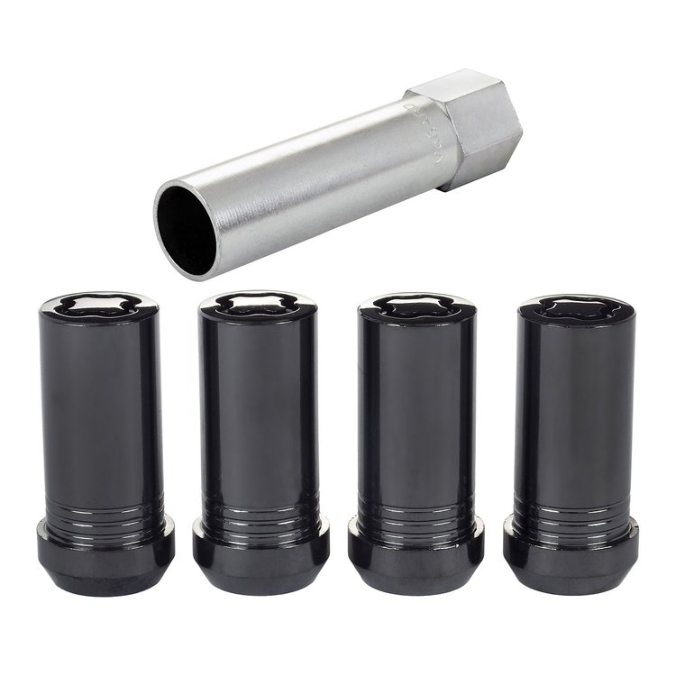 25340 Locking Lug Nuts, Chrome/Black Cone Seat-Tuner Style Thread Size: 1/2"-20 Key Hex Size: 13/16" Includes 4 Lug Nuts & 1 Key