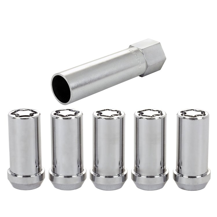 Locking Lug Nuts - Chrome Cone Seat-Tuner Style Thread Size: 1/2"-20 Key Hex Size: 13/16" Includes 5 Lug Nuts and 1 Key