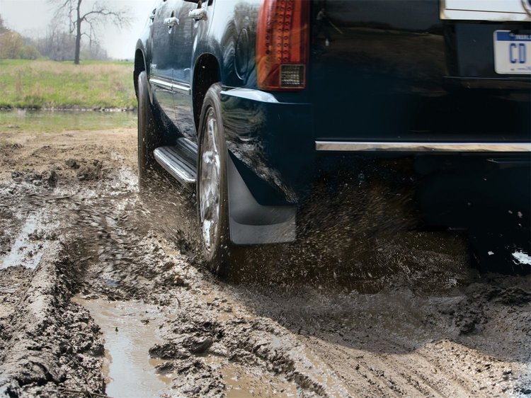 NO DRILL MUDFLAPS BLACK DODGE RAM TRUCK 1500 2009-2014 WITH FENDER FLARES; A PLASTIC ROCK CHIP TRIM