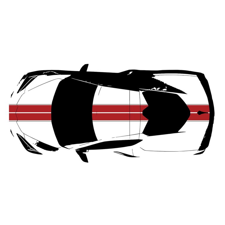 200423 Front to Back Dual Stripes, 2020-2023 Chevy Corvette, Matte Red W/Gloss Silver Pinstripes