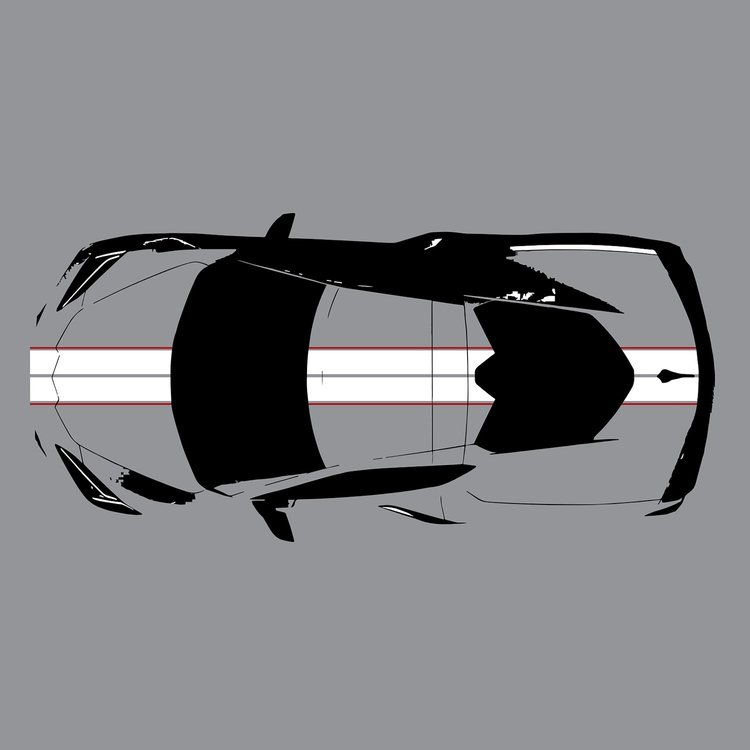 200428 Front to Back Dual Stripes, 2020-2023 Chevy Corvette, Gloss White W/Gloss Red Pinstripes