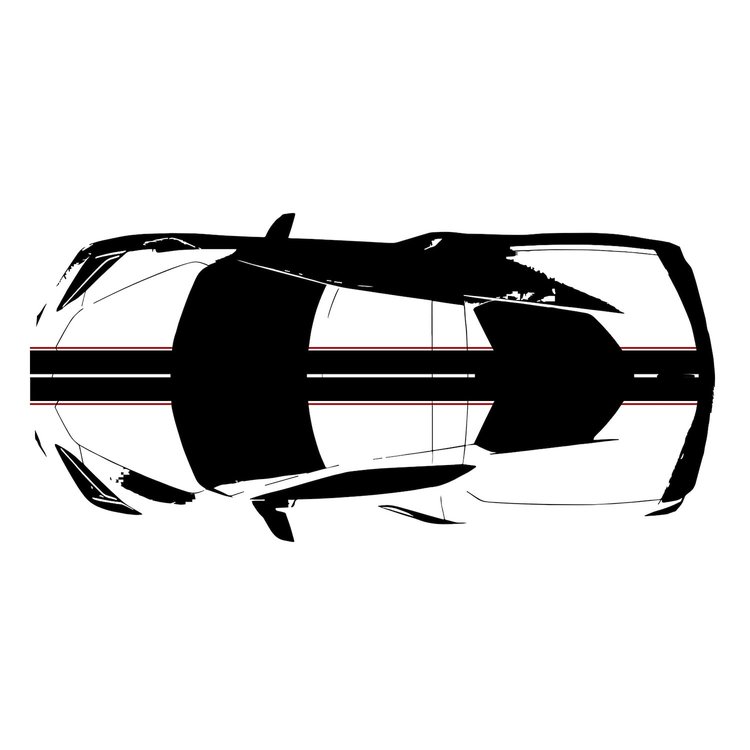 200431 Front to Back Dual Stripes, 2020-2023 Chevy Corvette, Gloss Black W/Gloss Red Pinstripes