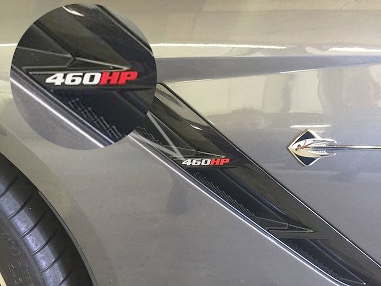 201848 Custom Horsepower Decals, 1953-2023 Chevy Corvette, Gloss Silver Numbers/Gloss Red HP, Small