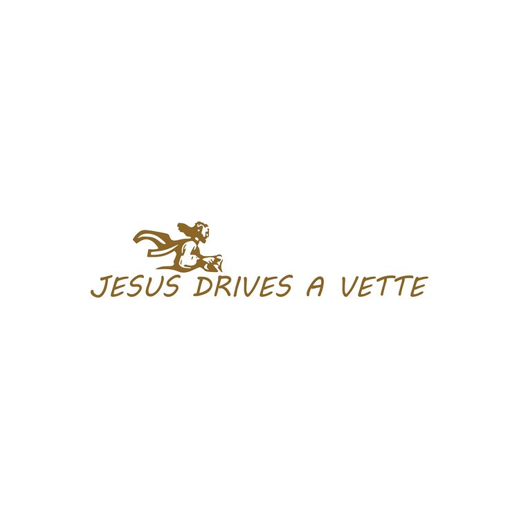 202401 JESUS DRIVES A VETTE Decal, 1953-2023 Chevy Corvette, cross & image Matte Gold W/ MV Boli font