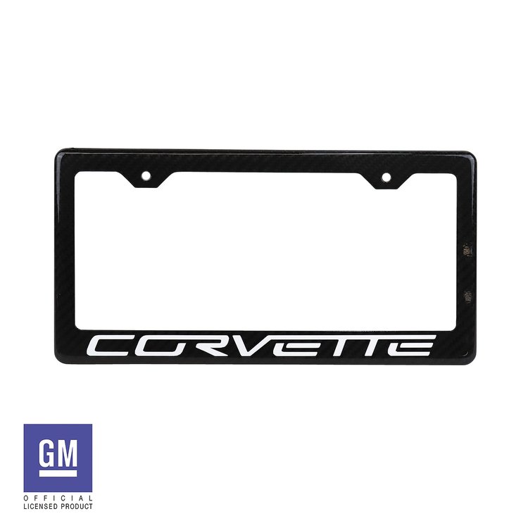 214060 License Plate Frame, 2005-2013 Chevy Corvette, Carbon Fiber W/White Corvette Script