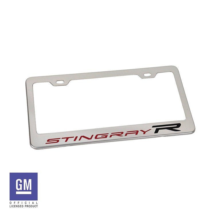 214096 License Plate Frame, 2021-2024 Chevy Corvette, Polished Stainless Steel W/Red & Black Stingray R Logo