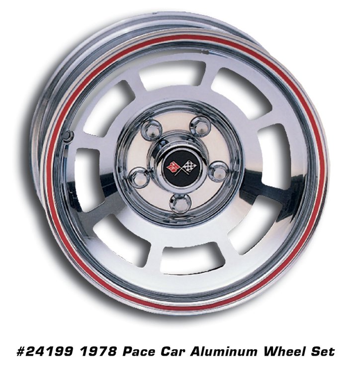 24199 Reproduction YJ8 Aluminum Wheel Set w/Hardware, 1978 Chevy Corvette [Size: 15"x8"] Polished w/Red Stripe