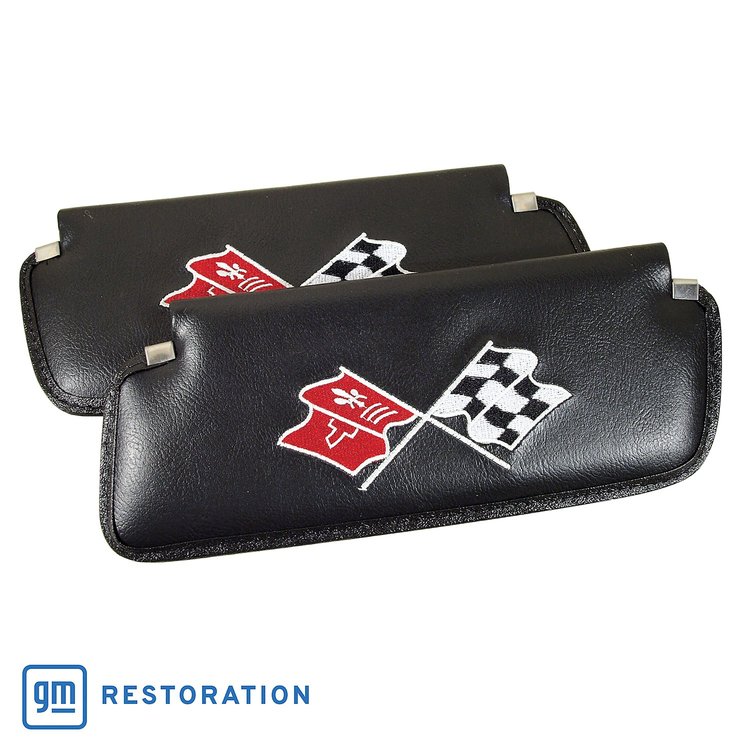 408520 Sunvisors, 1974-1975 Chevy Corvette, Black, Madrid Embroidered W/Logo