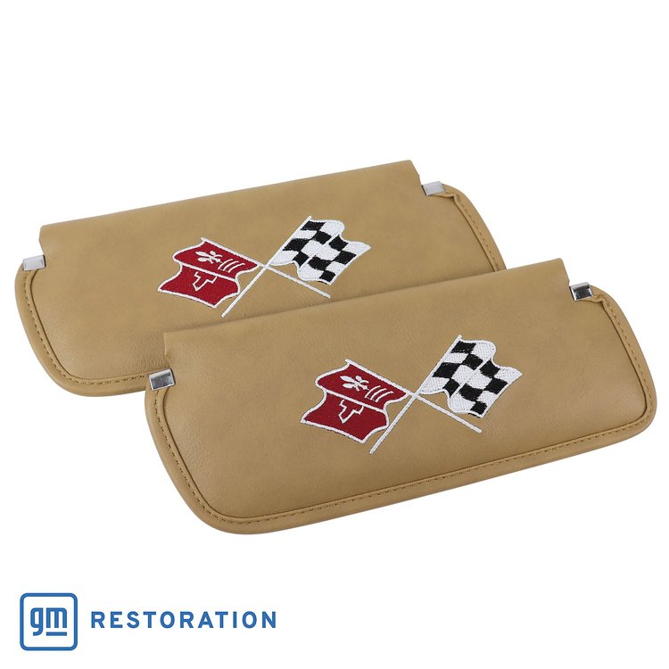 408551 Sunvisors, 1974-1975 Chevy Corvette, Medium Saddle Madrid Embroidered W/Logo