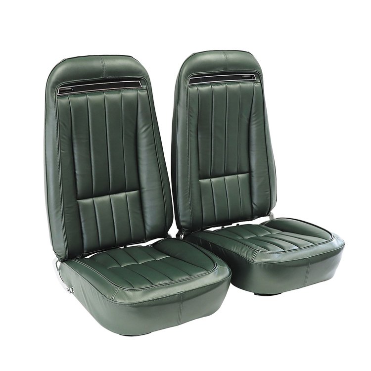 419017MS Mounted Seats, 1970-1970 Chevy Corvette, Green Leather Vinyl w/Shoulder Harness
