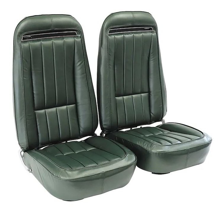 419018MS Mounted Seats, 1971-1971 Chevy Corvette, Green Leather Vinyl w/Shoulder Harness