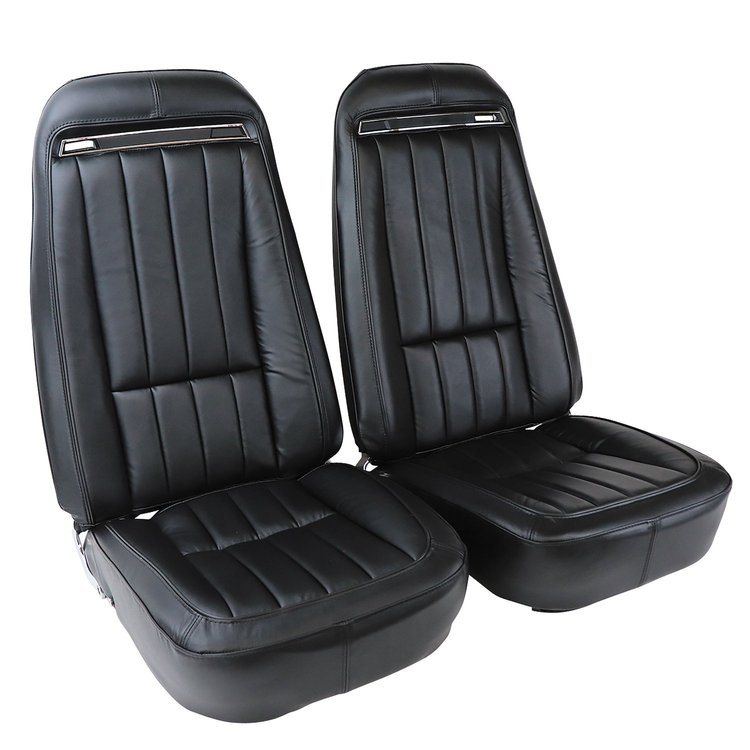 419020MS Mounted Seats, 1970-1971 Chevy Corvette, Black, Leather Vinyl, w/Shoulder Harness