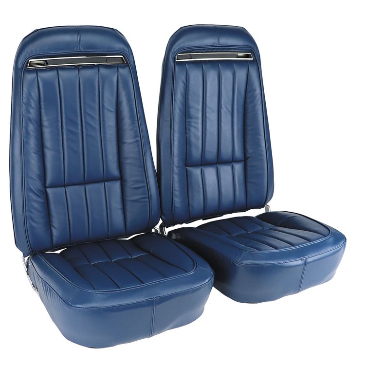419047MS Mounted Seats, 1971-1971 Chevy Corvette, Royal Blue Leather Vinyl w/Shoulder Harness