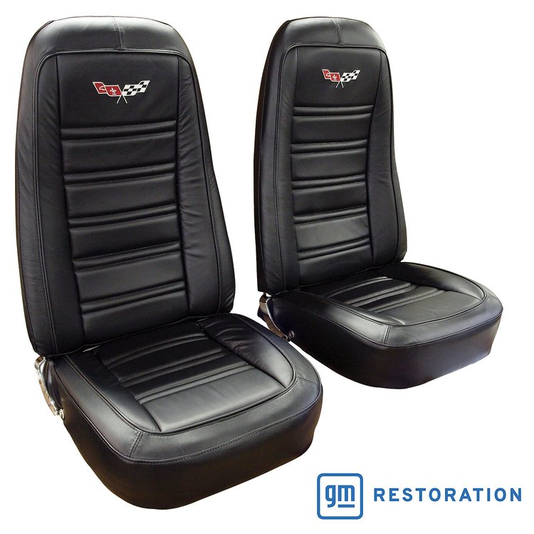 419720E Embroidered OE Style Seat Covers, 1976-1978 Chevy Corvette, Black Leather/Vinyl