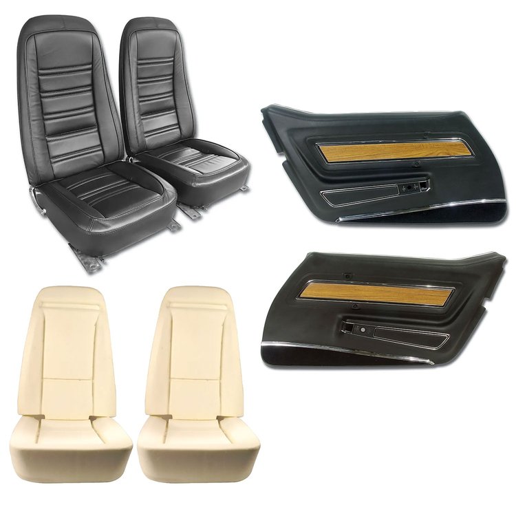 419720KW Interior Package, 1976-1976 Chevy Corvette, OE Leather Covers, Foam, Deluxe Door Panels, Black W/Walnut