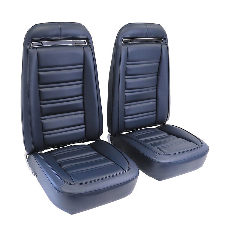 421343M Mounted Seats, 1973-1974 Chevy Corvette, Dark Blue Leather-Like Vinyl w/o Shoulder Harness