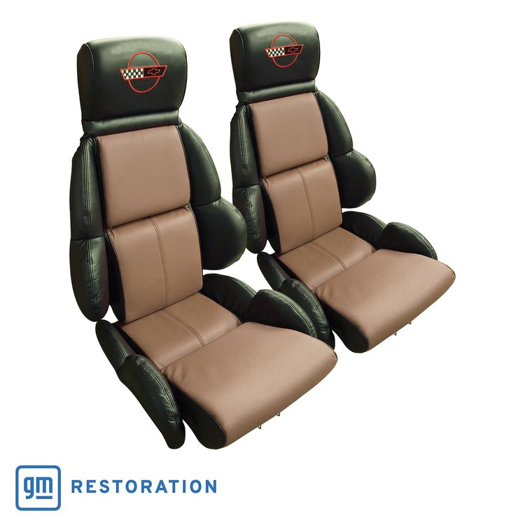 44220E Embroidered Custom 100-percent Leather Standard Seat Covers, 1993-1993 Chevy Corvette, Black & Beige