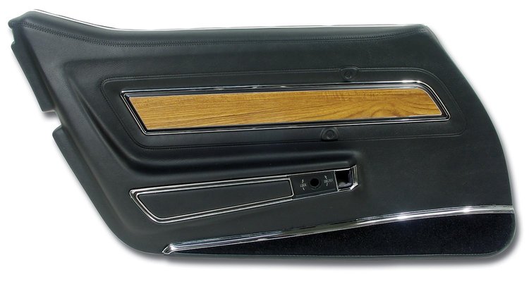 443720 Door Panel, 1976-1976 Chevy Corvette, Black, Deluxe W/Teak Insert Left/Driver