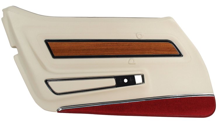443776 Door Panel, 1976-1976 Chevy Corvette, White Deluxe W/Firethorn Carpet And Teak Insert Left/Driver