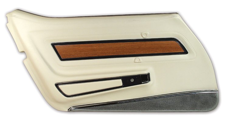 4437Z8 Door Panel, 1976-1976 Chevy Corvette, White Deluxe W/Smoke Carpet W/Teak Insert Left/Driver