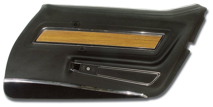 443820 Door Panel, 1976-1976 Chevy Corvette, Black, Deluxe W/Teak Insert Right/Passenger
