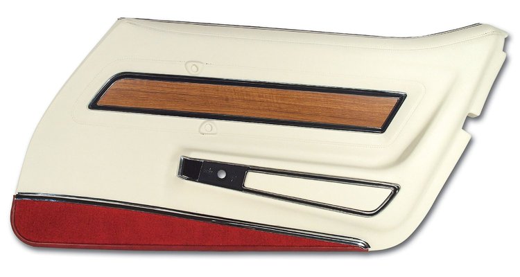 443876 Door Panel, 1976-1976 Chevy Corvette, White Deluxe W/Firethorn Carpet And Teak Insert Right/Passenger