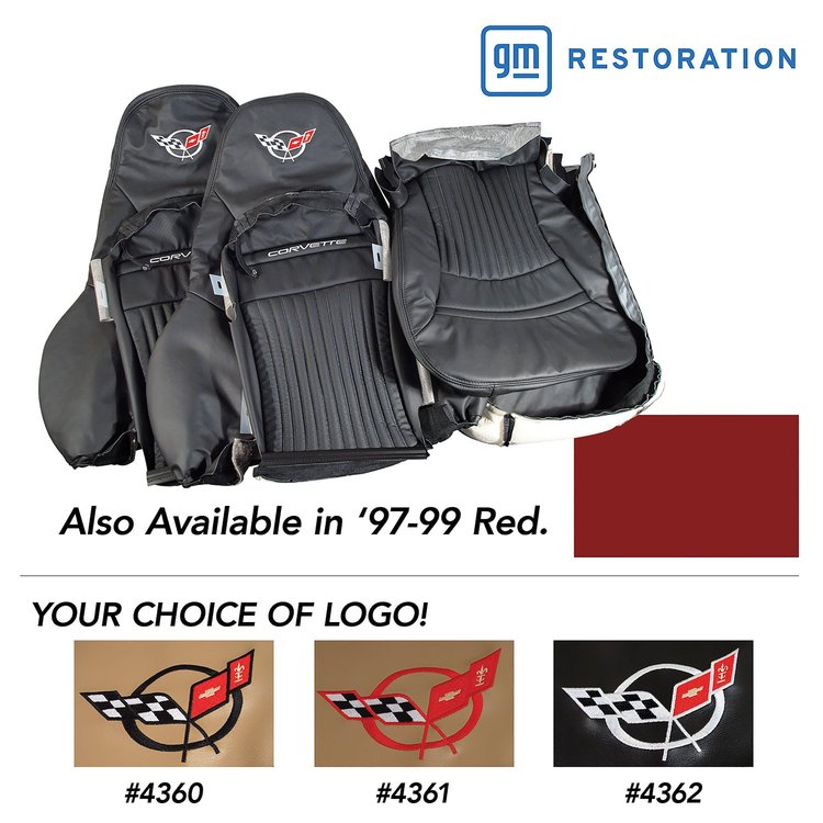 462489E Leather Standard Seat Covers W/Vinyl Trim/Crossflag Logo, 1997-1999 Chevy Corvette, Red