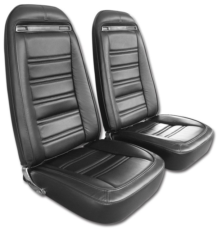 480720MS Mounted Seats, 1970-1971 Chevy Corvette, Driver Black Leather Vinyl w/Shoulder Harness