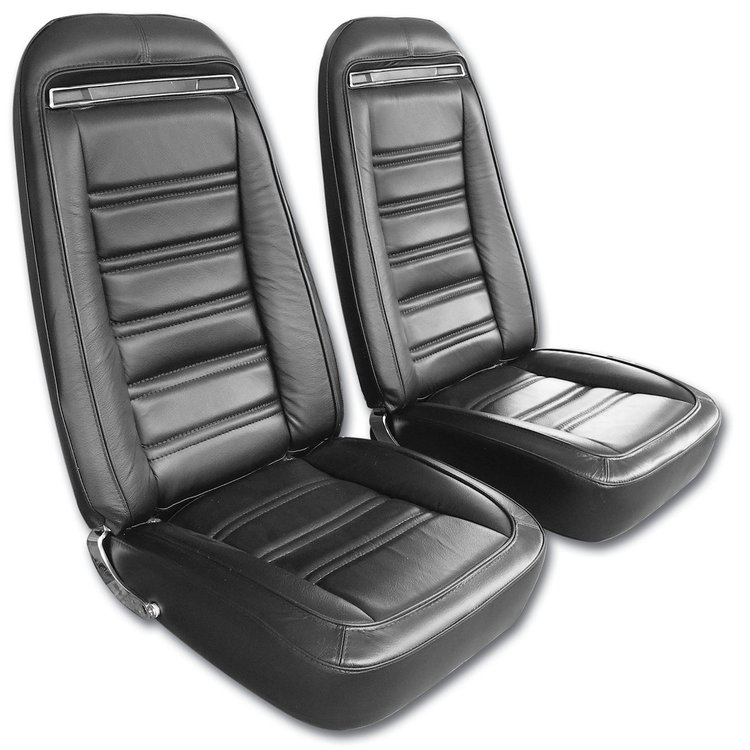 481020MS Mounted Seats, 1975-1975 Chevy Corvette, Driver Black Leather Vinyl w/Shoulder Harness