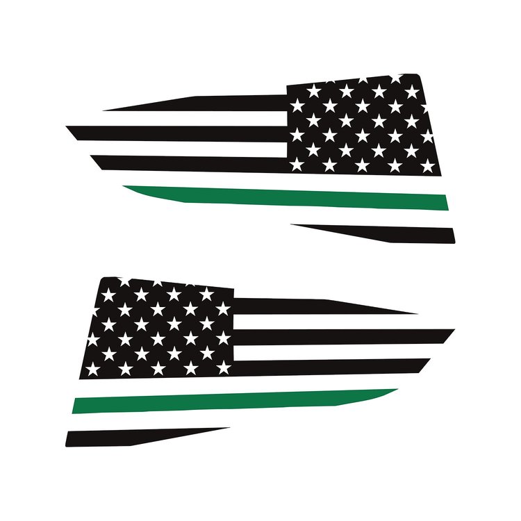 77265 Quarter Window Flag Decal, 2014-2019 Chevy Corvette, Matte Black, Std USA Flag W/Green Stripe