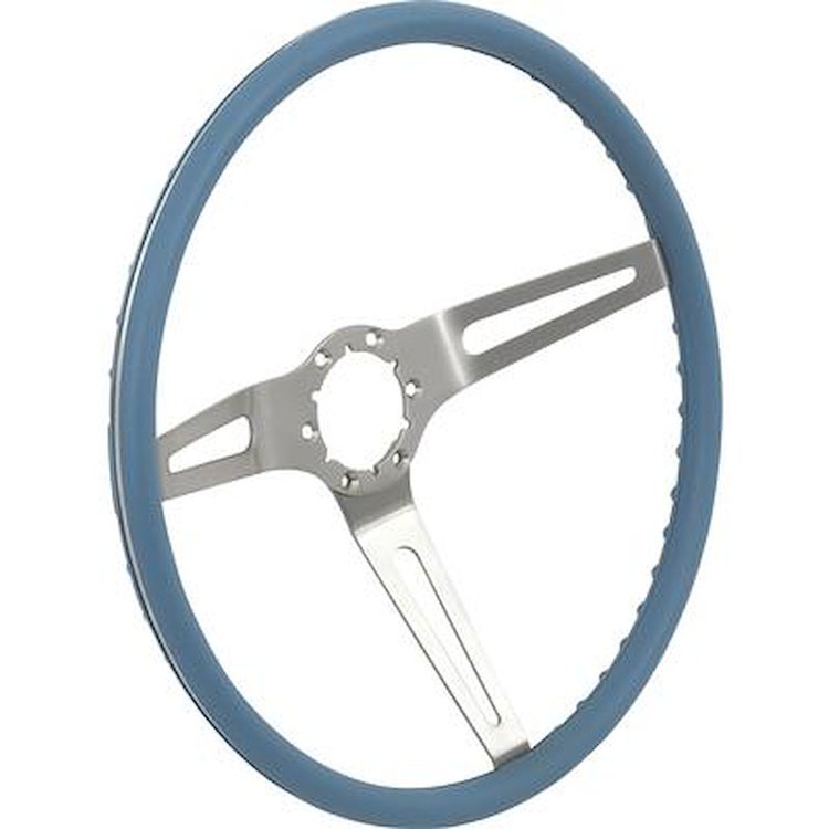 154113 1969-72 GM, Comfort Grip Cushioned Steering Wheel, 3-Spoke, Silver Spokes, Blue Grip
