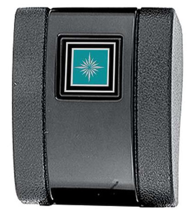 154663AQ 1966-67 GM; Seat Belt Buckle Cover; Aqua/Silver Starburst Emblem; Standard Interior; Black