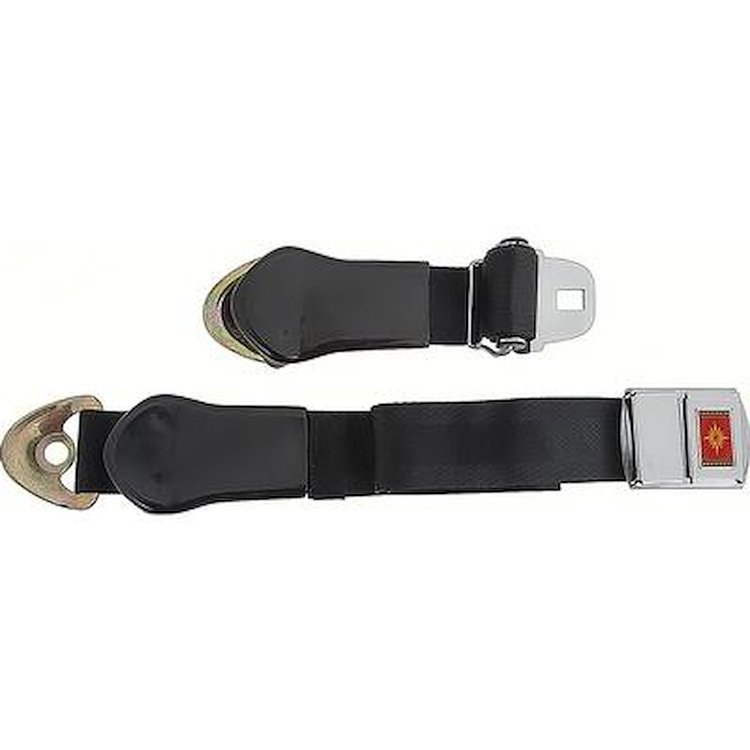 154665 1965-66 Impala, Nova, Chevelle, Deluxe Interior Front Seat Belt, w/Red Starburst, Black Belt: RH or LH, Each