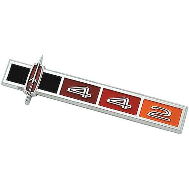 389758 1965 Oldsmobile 442, Dash Panel Emblem, Rocket 442 In Tri-color Bar