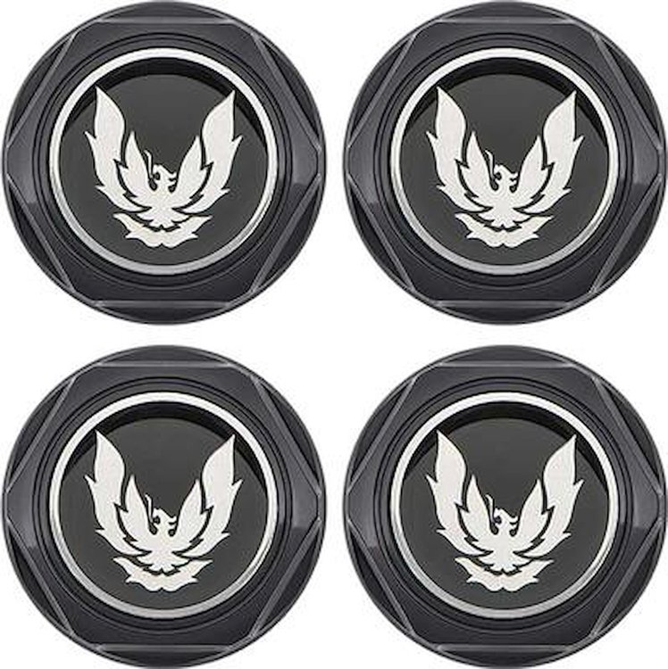 748669 Wheel Center Caps 1982-92 Firebird Trans Am; Black with Silver Emblem; Metal Clip; Set of 4