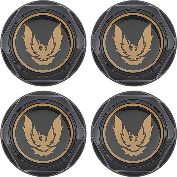 748670 Wheel Center Caps 1982-1992 Pontiac Firebird, Gloss Black with Gold Bird Emblem