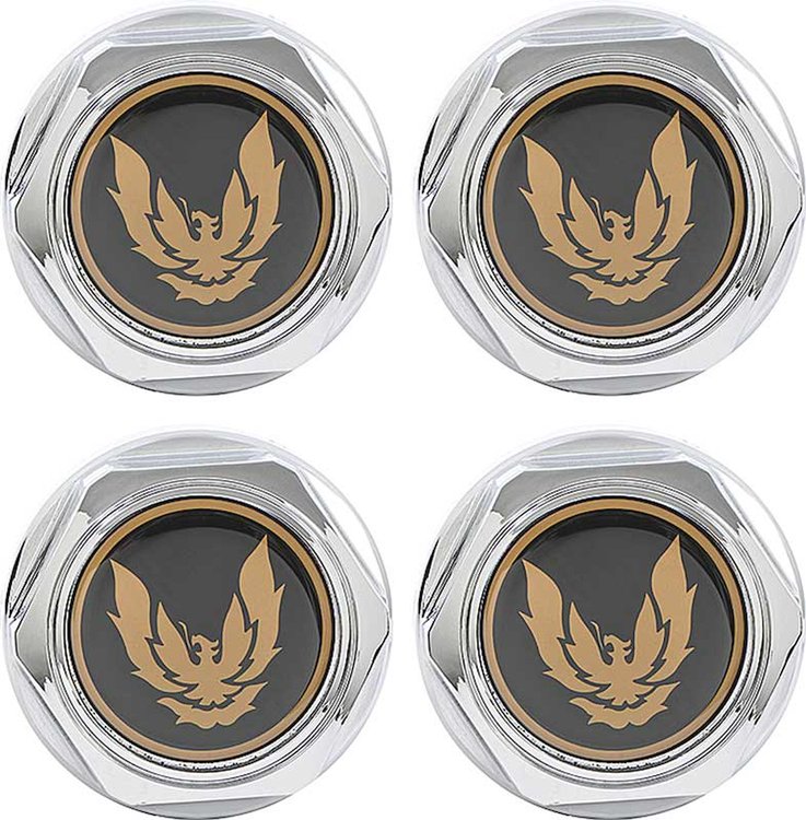 881141 Wheel Center Cap Set 1982-92 Firebird; GTA; Chrome; with Gold Bird Emblem; 4 Piece Set