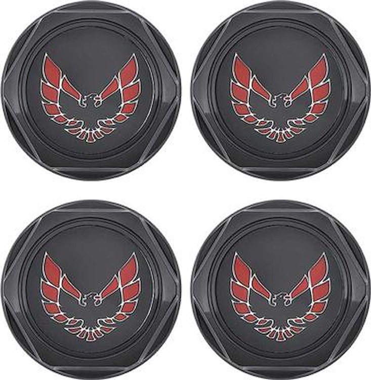 881150 Wheel Center Cap Set 1977-81 Firebird; Black with Red Bird Logo w/Metal Clips; 4 Piece
