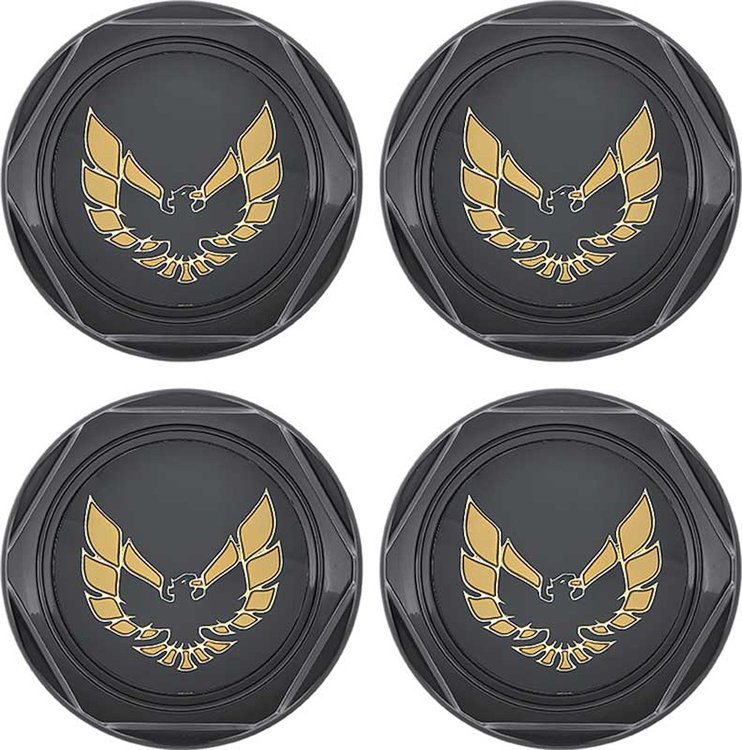 881151 Wheel Center Cap 1977-81 Firebird; Set; Black with Gold Bird Logo w/Metal Clips; 4 Piece